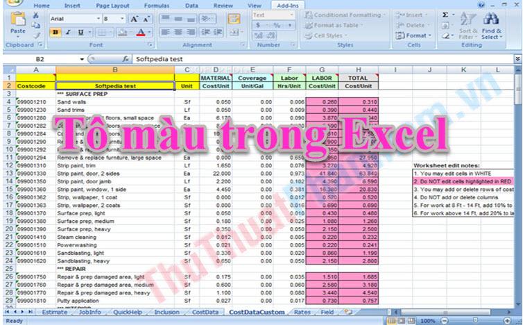 Các phím tắt tô màu trong Excel