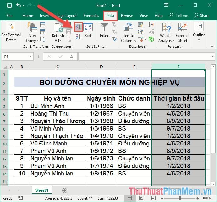 Hướng dẫn sắp xếp ngày tháng năm theo thứ tự tăng dần và giảm dần trong Excel.