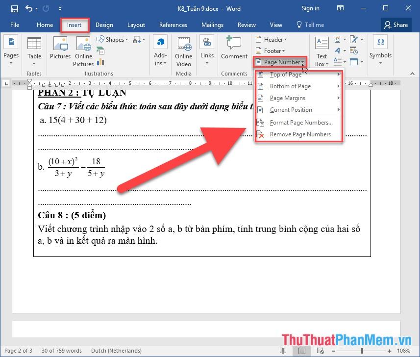 Hướng dẫn cách đánh số trang trong Word 2016