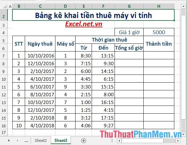 Bài tập thực hành về bảng tính tiền thuê máy vi tính trong Excel