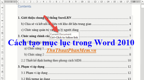 Hướng dẫn tạo mục lục trong Word 2010