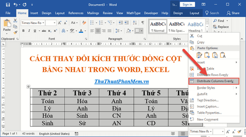 Hướng dẫn thay đổi kích thước đồng đều cho dòng, cột và ô trong Word, Excel