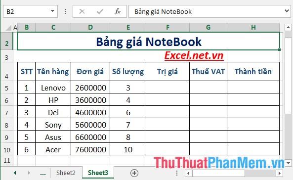 Bài tập thực hành tính toán bảng giá Notebook trong Excel