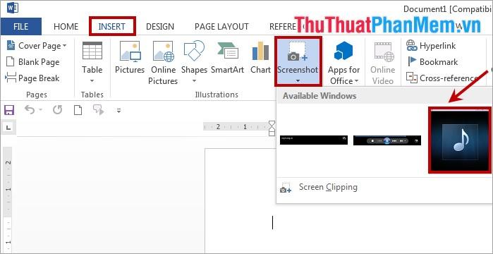 Chụp ảnh màn hình nhanh chóng với công cụ Screenshot Tool trong Word 2013.