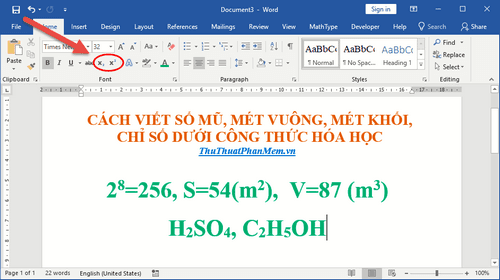 Hướng dẫn cách viết số mũ, ký hiệu mét vuông, mét khối và chỉ số dưới trong công thức hóa học bằng Microsoft Word