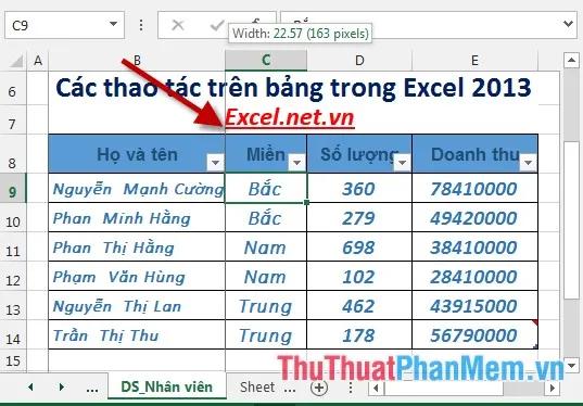 Các thao tác trong bảng tính Excel