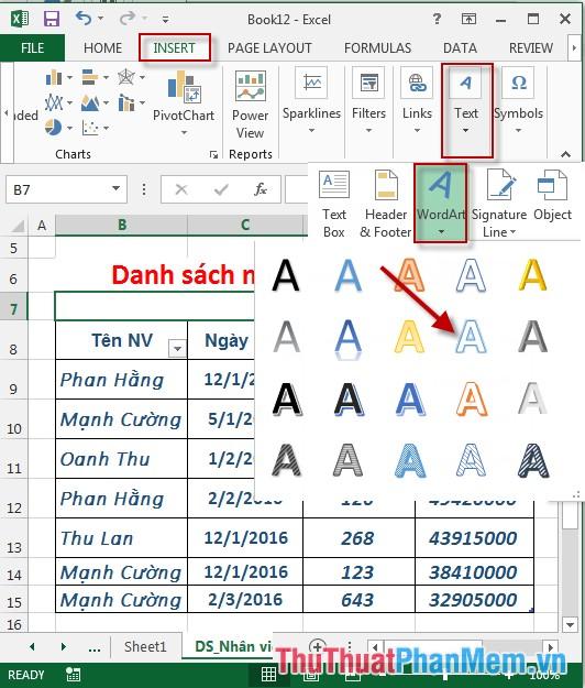 Cách để thêm đối tượng WordArt vào bảng tính Excel