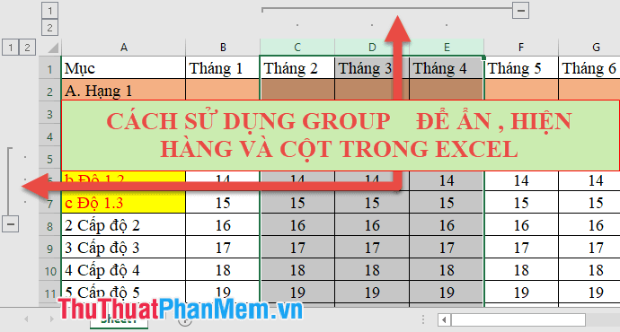 Hướng dẫn sử dụng tính năng Group để ẩn và hiện hàng, cột trong các phiên bản Excel từ 2007 đến 2019.