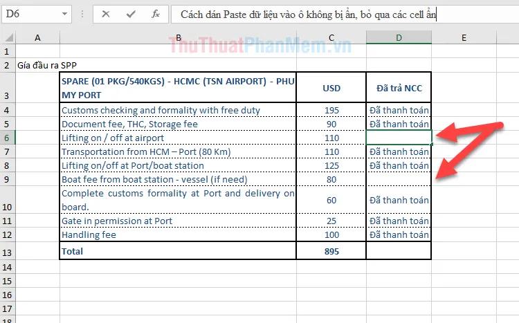 Hướng dẫn cách dán dữ liệu vào các ô không bị ẩn, bỏ qua các ô không hiển thị trong bảng.