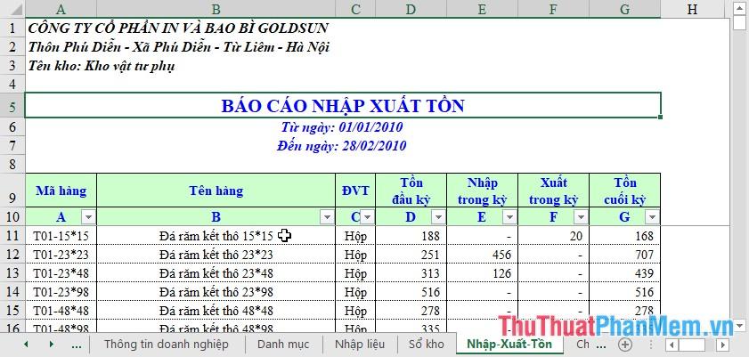 Tệp quản lý kho xuất nhập tồn trên Excel