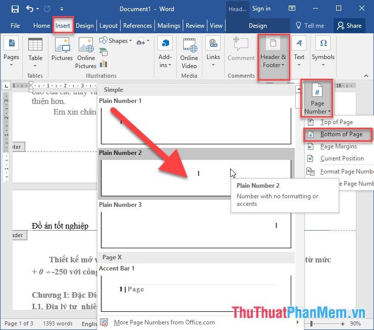 Cách thiết lập để bắt đầu đánh số trang từ một trang cụ thể trong Word 2016.