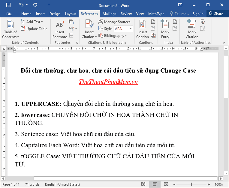 Phương pháp chuyển đổi chữ thường, chữ hoa và viết hoa chữ cái đầu tiên trong Word