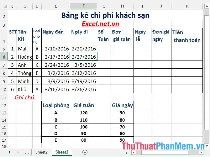 Thực hành tạo và quản lý bảng kê chi phí khách sạn trong Excel