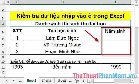 Hướng dẫn chi tiết cách kiểm tra dữ liệu nhập vào một ô trong Excel.