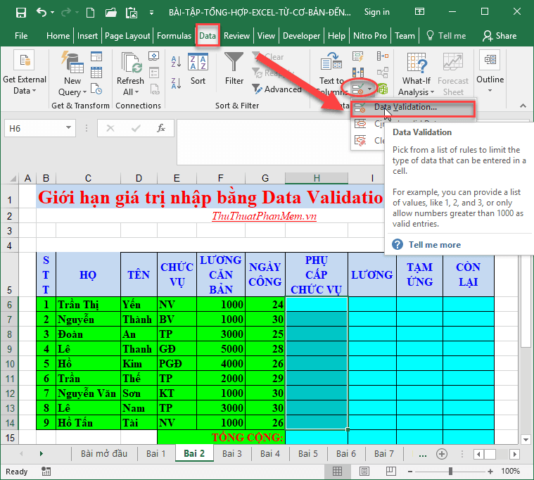 Khám phá cách thiết lập giới hạn giá trị nhập liệu trong Excel bằng công cụ Data Validation, giúp đảm bảo tính chính xác và nhất quán cho dữ liệu của bạn.