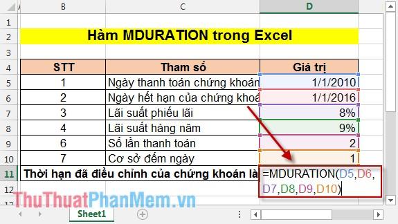 Hàm MDURATION - Công cụ Excel giúp tính toán thời hạn sửa đổi theo phương pháp Macauley cho chứng khoán một cách chính xác.