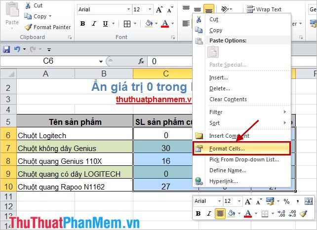 Nghệ thuật ẩn giá trị 0 trong Excel