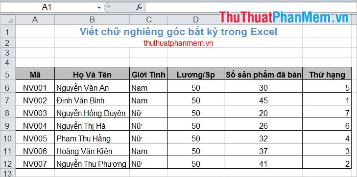 Cách viết chữ nghiêng, chữ dọc và chéo trong Excel