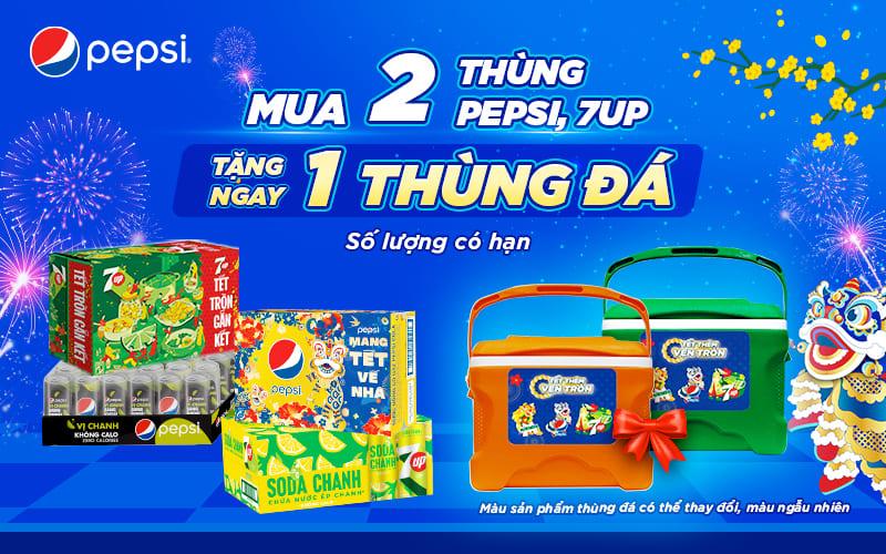 Khi mua 2 thùng Pepsi/7Up (320ml/lon) bất kỳ, bạn sẽ nhận ngay một thùng Pepsi/7Up 8L hoàn toàn miễn phí, mang đến niềm vui bất ngờ cho mỗi ngày.