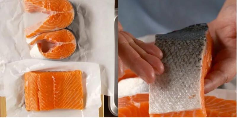 Cá hồi nướng vàng giòn, lớp da bên ngoài tạo nên độ giòn, thịt bên trong mềm mại ngọt ngào