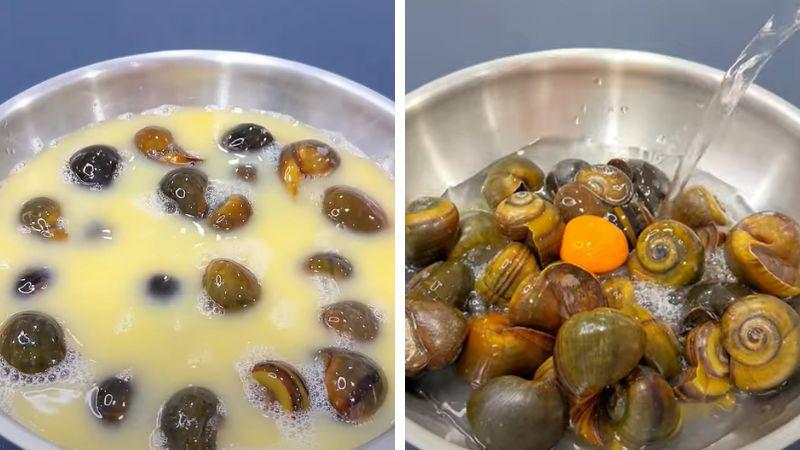 Đập một quả trứng gà vào ngâm ốc, nhớt tự nhiên bay sạch mà không cần chà xát.