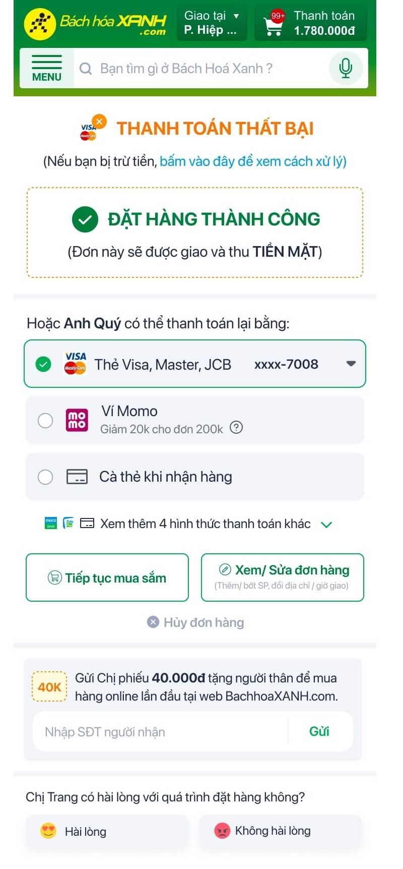 Hướng dẫn xử lý khi đơn hàng Tripi thông báo thanh toán thất bại