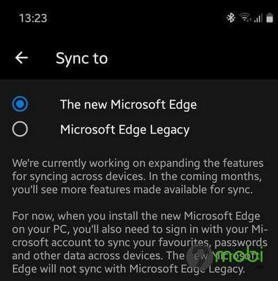 Microsoft Edge Beta trên Android mang đến tùy chọn đồng bộ linh hoạt, cho phép người dùng kết nối dữ liệu với cả Edge Chromium hiện đại hoặc Edge Legacy.
