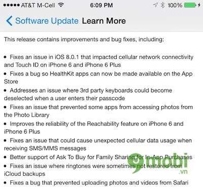 Bản cập nhật iOS 8.0.2 đã chính thức có mặt trên các thiết bị iPhone 6 Plus, iPhone 6, iPhone 5s và iPhone 5, mang đến những cải tiến quan trọng và khắc phục các vấn đề còn tồn đọng.